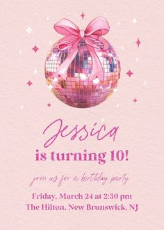 a pink disco ball with a bow on it's head is in the middle of this birthday party card