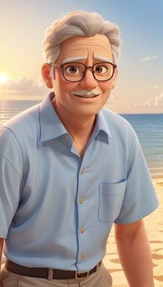 an old man with glasses and a mustache on the beach in front of the ocean