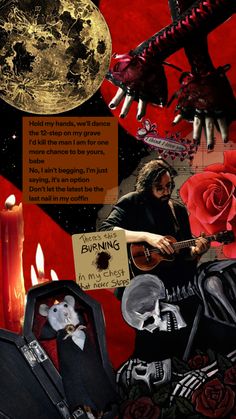 a collage of images with skulls, roses and candles in the foreground is an image of a skeleton holding a guitar