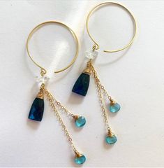 These earrings make me think of what a fairy might wear in her home in the damp and mossy boreal forests. These stones catch the light beautifully. Moss kyanite + herkimer + apatite. Kyanite is all about aligning all of your chakras effortlessly, apatite is for being your truest self, and Herkimers are an amplifier for other stones and help you to align with your highest possible vibration. Handmade Apatite Dangle Jewelry, Apatite Dangle Earrings With Natural Stones, Ethereal Blue Jewelry As A Gift, Ethereal Blue Jewelry Gift, Elegant Apatite Birthstone Jewelry, Elegant Apatite Jewelry With Birthstone, Nickel-free Apatite Dangle Jewelry, Jewelry Reference, Pendant Ideas