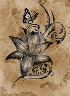 a drawing of a flower with a butterfly on it's back and an old paper background