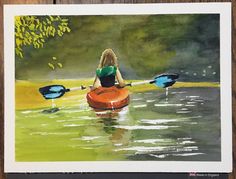 a watercolor painting of a woman paddling an inflatable raft