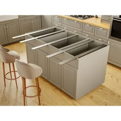 a kitchen with gray cabinets and white chairs