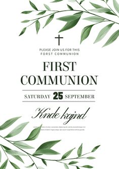 a white and green first communion card with leaves