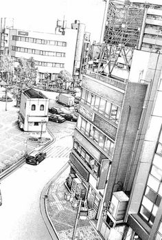 a black and white drawing of a city street with cars on the road in front of tall buildings