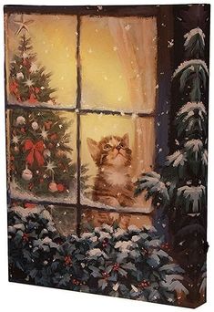 a painting of a cat sitting in front of a christmas tree looking out the window