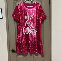 Bnwt Pink Sequin “It’s My Birthday” Dress. Sequin Short Sleeve Dress For Birthday, Birthday Sequin Dress, My Birthday Dress, Lululemon Dress, Scene Dress, Pleated Satin Dress, Long Sleeve Boho Dress, Eyelet Lace Dress, Purple Maxi Dress