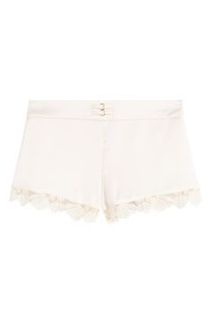 Leave a little more to the imagination and leave 'em wanting more in these satin shorts trimmed with sheer, frond-embroidered tulle. Smocked back waist 100% polyester with 82% polyamide, 18% elastane trim Machine wash, line dry Imported Feminine Satin Bottoms For Summer, Satin Shorts For Spring, Spring Satin Shorts, White Satin Bottoms For Summer, Elegant High-waisted Shorts For Summer, Elegant Short Pants For Summer, Elegant Short Summer Pants, Spring Satin Bottoms In Short Length, Chic Lace Trim Shorts For Spring