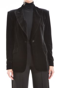 Create an elegant ensemble with this soft velvet blazer featuring peaked lapels and flap pockets for polished style. 28" length One-button closure Peaked lapels Front flap pockets Lined 90% polyester, 10% spandex Dry clean Imported Black Velvet Blazer, Polished Style, Holiday Pajamas, Kids Uggs, Peak Lapel, Velvet Blazer, Holiday Sweater, Cold Weather Accessories, Max Studio