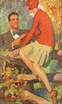 a painting of a man sitting on a bench next to a woman