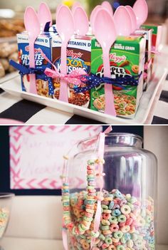 two pictures one with cereal, the other with candy and milk in it's containers