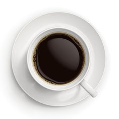 an overhead view of a cup of coffee with saucer and spoon on a white plate