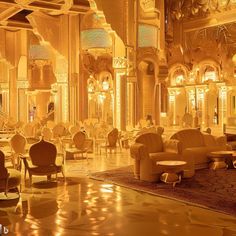 a fancy hotel lobby is lit up in gold