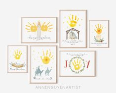 five cards with handprints on them and the names of each card in different colors