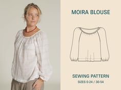 a woman wearing a white blouse and tan pants with the text,'sewing pattern '