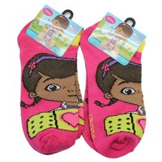 two pairs of pink socks with cartoon characters on them