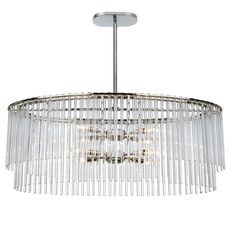 a chrome chandelier with clear glass rods hanging from it's center point