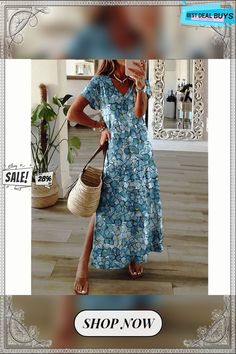 Women's Graceful Cool Summer Split Short-sleeved Dresses Floral Print Shift Maxi Dress For Vacation, Summer Short Sleeve Shift Maxi Dress, Cool Summer, Summer Fun, Split, Dresses With Sleeves, Best Deals, Dresses