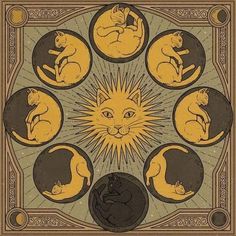 an image of cats in the center of a sun and moon design on a brown background