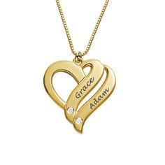 Treat her to our Two Hearts Forever One Necklace Gold Plated with Diamonds and watch her eyes light up! This beautiful engraved heart necklace features two hearts intertwined in a loving embrace, along with two sparkling accent diamonds as a reminder that love lasts forever. It’s the perfect personalized necklace for her, offering go-with-everything appeal. Whether she’s a jeans and t-shirt kind of girl or someone who dresses up frequently, she’ll love the way it looks next to her skin. Made ... Heartbeat Jewelry, Hearts Intertwined, Engraved Heart Necklace, Loving Embrace, Bracelet Initial, Gold Mangalsutra, Solitaire Pendant Necklace, Heart Shape Pendant, Jewelry Design Necklace