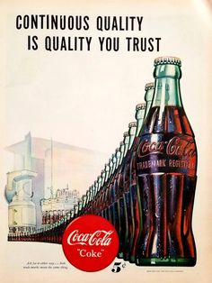 an advertisement for coca cola is shown with many bottles lined up on the side of it