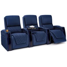 three blue leather reclining chairs in front of a white background with an electronic device on the back