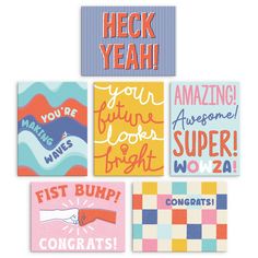 four different greeting cards with words on them, including congratulations and congratulations