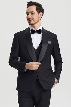 This one button tuxedo by Stacy Adams features a wide black satin shawl lapel, matching pants and vest. This comes in a hybrid fit (Sizes 34-44 = Slim Fit | Sizes 46+ = Modern Fit) Black Single Breasted Tuxedo For Formal Occasions, Black Suits With Lapel Collar For Evening, Formal Black Single Breasted Tuxedo, Black Evening Suit With Lapel Collar, Black Tuxedo With Notch Lapel For Evening, Black Notch Lapel Tuxedo For Evening, Evening Tuxedo Three-piece Suit With Notch Lapel, Black Single-breasted Tuxedo For Black Tie, Black Single Breasted Tuxedo For Party