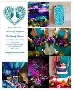 a collage of photos with peacocks and flowers on them, including a wedding cake