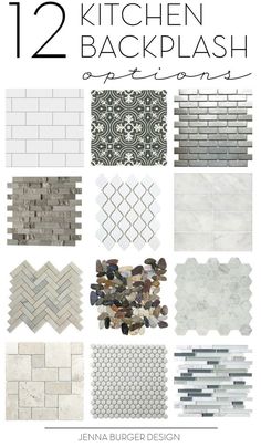 12 kitchen backsplashes with different patterns and colors, including white brick tiles