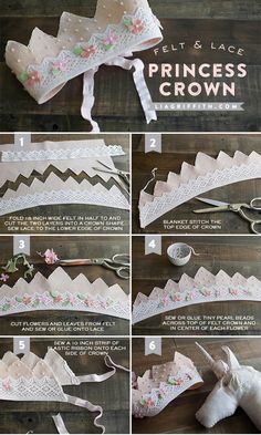 the instructions for how to make a princess crown with lace and flower trimmings