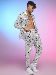 White Casual Collar   All Over Print  Embellished Slight Stretch  Men Clothing Rave Outfit Men, Coachella Outfit Men, Mens Dance Wear, Mens Dance, Sparkle Outfit, Long Sleeve Suit, Coachella Outfit