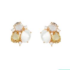 An exquisite pair of white mother of pearl earrings with lemon quartz and clear quartz, handcrafted in 14k gold plated brass settings. These one of a kind beauties are oh so elegant, yet can be worn casually too. Classic yet modern, these pretty earrings are sure to become heirlooms that can be passed on for generations. Add a drop here SKU: EC-CL-18 Clear Quartz Clear Quartz, Lemon Quartz & Mother of Pearl Moonstone, Pearls, Mother Pearls & Clear Quartz Clear Quartz & Mother of Pearl Semi Preci Elegant White Gemstones With Accents, Interchangeable Earrings, Mother Of Pearl Earrings, Lemon Quartz, Quartz Cluster, Mother Pearl, Pretty Earrings, Pearl Studs, Clear Quartz