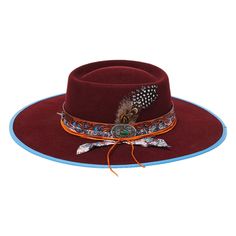 The DIXIE from the Stampede Collection is a stunning hat crafted from wool felt with genuine leather band, a turquoise jewel buckle, ribbon with feather insert, and a suede chord. With a 4 inch flat brim, the DIXIE is the perfect addition to your fall wardrobe for a stylish and sophisticated look. Bohemian Fur Felt Fedora, Bohemian Fur Felt Fedora Hat, Bohemian Fur Felt Hat With Flat Brim, Bohemian Fur Felt Hat With Adjustable Fit, Felt Hat With Flat Brim And Feathers For Fall, Bohemian Wide Brim Fur Felt Hat, Flat Brim Felt Hat With Feathers For Fall, Fall Felt Hat With Feathers And Flat Brim, Felt Hat With Feathers And Flat Brim For Festival