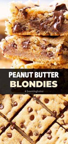 peanut butter blondies are stacked on top of each other with chocolate chips in the middle