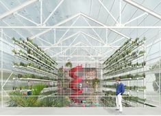 a man standing in front of a greenhouse filled with plants