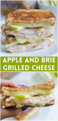 an apple and brie sandwich is shown on a white plate with the words, apple and brie sandwich