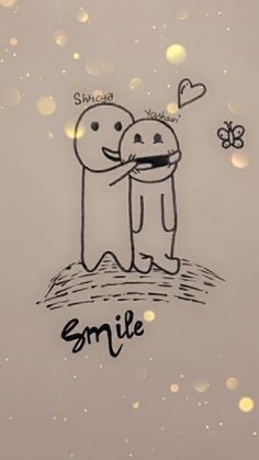 two people hugging each other with the word smile written on them and butterflies flying in the background