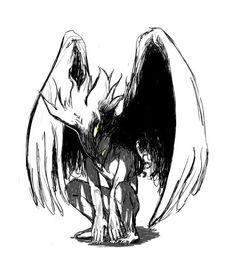 a black and white drawing of an animal with wings on it's back legs