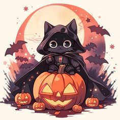 a black cat sitting on top of a pumpkin