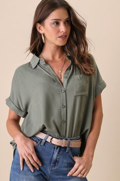 Keep it cute and classic in the Lulus Blythe Olive Green Short Sleeve Button-Up Top! Soft, lightweight woven fabric creates a collared neckline and cuffed, short sleeves. Relaxed bodice features a full button placket and front patch pocket. Notched, rounded hem. Pair with denim and a blazer for a casual-chic workday look! Fit: This garment fits true to size. Length: Above mid-thigh. Size medium measures 27.75" from shoulder to hem. Bust: Great for any cup size. Waist: Not Fitted - comfortable ro Summer Collared Short Sleeve Shirt With Buttons, Summer Short Sleeve Shirt With Collar, Summer Short Sleeve Shirt With Collar And Buttons, Relaxed Fit Blouse With Button Closure And Collar, Chic Everyday Blouse With Collared Neckline, Trendy Summer Short Sleeve Top For Workwear, Trendy Short Sleeve Top For Summer Workwear, Summer Blouse With Collar And Button Closure, Short Sleeve Button-up Shirt With Rolled Sleeves For Work