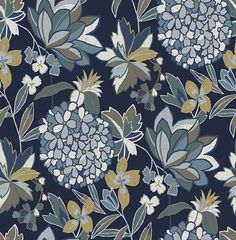 Sample Valdivian Indigo Floral Wallpaper Toilet Closet, Hydrangea Wallpaper, Indigo Wallpaper, A Street Prints, Nature Motifs, Indigo Floral, Yellow Hues, Wallpaper For Sale, Navy Wallpaper