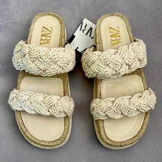 New With Tag. Zara Braided Double Straps Sandals. Thick Espadrille Sole. Size 36. Some Minor Dark Spots From Being On Displayed. Beige Closed Toe Platform Sandals, Beige Platform Sandals For The Beach, Beige Synthetic Espadrilles With Woven Sole, Beige Closed Toe Heels With Woven Sole, Beige Platform Espadrilles For Vacation, Beige Sandals With Textured Footbed And Round Toe, Beige Sandals With Braided Straps For Beach, Cream Round Toe Sandals For Beach Season, Cream Round-toe Sandals For Beach Season