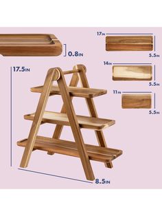 a wooden shelf with measurements for the top, bottom and bottom shelves in different sizes