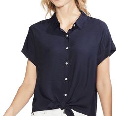 Measurements Laying Flat: Armpit-Armpit: 23" Lenght: 25.5" B248 Elegant Navy Short Sleeve Tops, Elegant Navy Button-up Tops, Chic Navy Short Sleeve Blouse, Navy Short Sleeve Blouse For Summer, Navy Tops For Daywear In Spring, Navy Tops For Spring Daywear, Casual Viscose Tops With Button Closure, Navy Collared Blouse For Summer, Casual Navy Short Sleeve Blouse