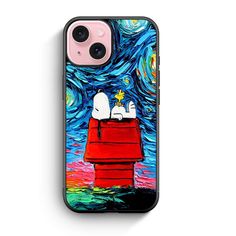 a phone case with snoopy and charlie on top of a red roof in the starr sky