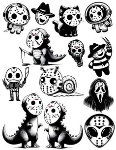 some cartoon characters with masks and hats on their heads, all in black and white