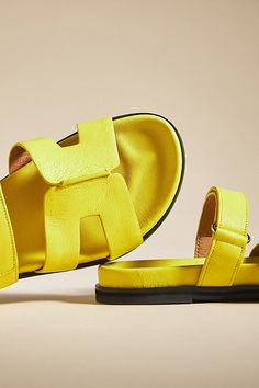 Cutout Slide Sandals by Bibi Lou in Yellow, Women's, Size: 36:5.5-6 at Anthropologie Summer Slip-on Sandals With Adjustable Strap, Summer Slip-on Footbed Sandals With Adjustable Strap, Spring Slip-on Footbed Sandals With Adjustable Strap, Summer Slides With Adjustable Strap And Round Toe, Spring Slide Sandals With Buckle Closure, Yellow Slide Sandals For Summer, Spring Buckle Closure Slide Sandals, Spring Slides With Buckle Closure And Round Toe, Summer Leather Slides With Adjustable Strap