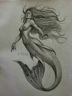 a drawing of a mermaid sitting on top of a piece of paper with her hair blowing in the wind