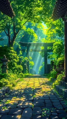 an anime scene with sunlight streaming through the trees and stone walkway leading to a gate